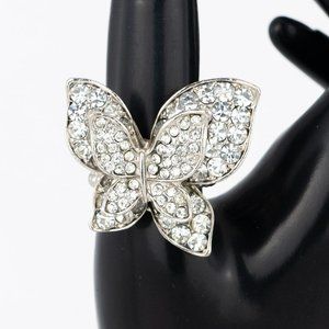 Statement Ring Butterfly Silver Tone Rhinestone Stretch Large Asymmetrical Clear